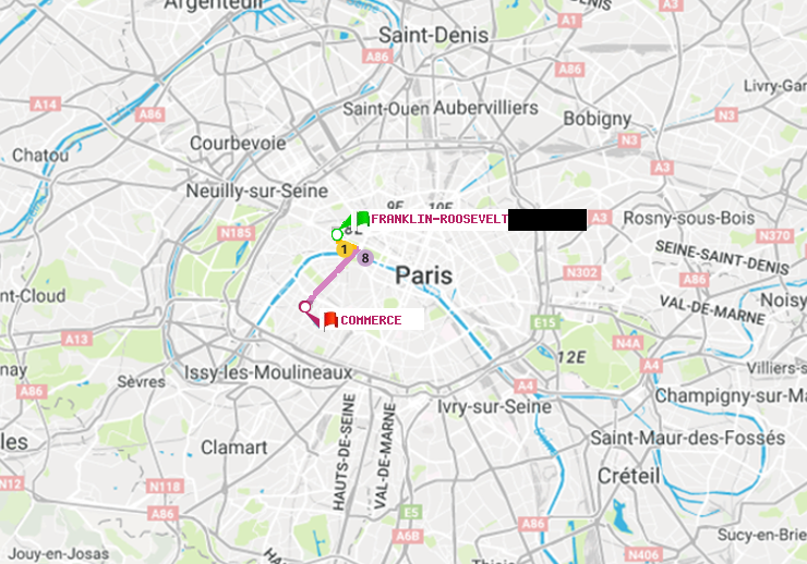 plan itinéraire ratp de Franklin-Roosevelt à Commerce