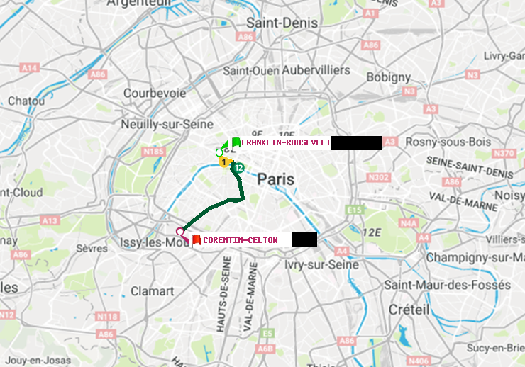 plan itinéraire ratp de Franklin-Roosevelt à Corentin-Celton