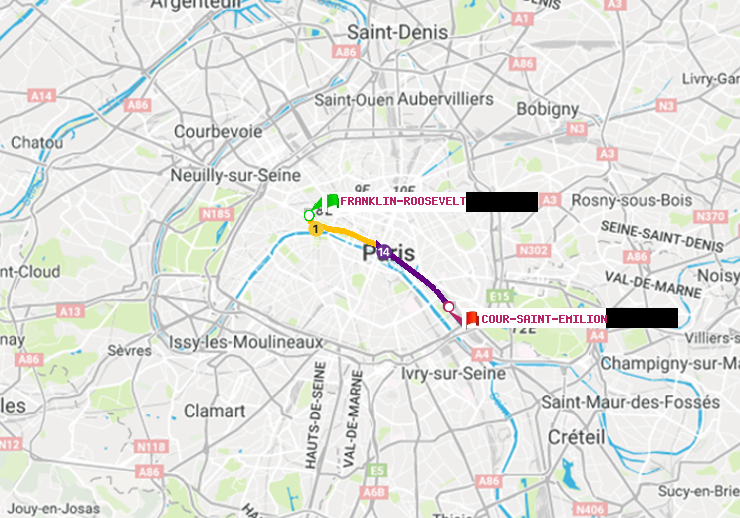 plan itinéraire ratp de Franklin-Roosevelt à Cour Saint-Emilion