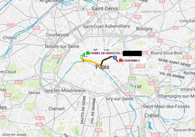 plan itinéraire ratp de Franklin-Roosevelt à Couronnes
