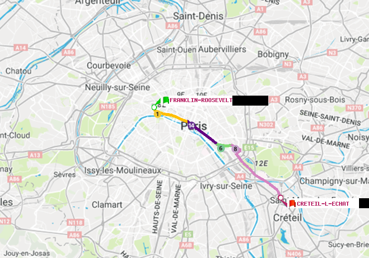 plan itinéraire ratp de Franklin-Roosevelt à Créteil-L