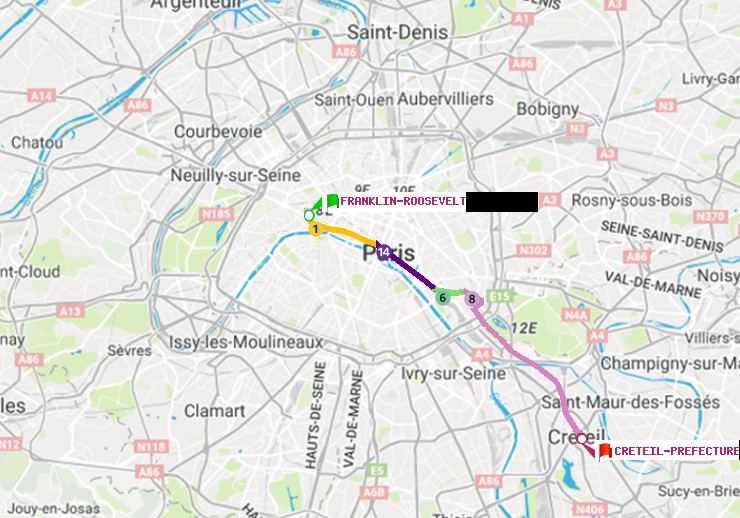 plan itinéraire ratp de Franklin-Roosevelt à Créteil-Préfecture (Hôtel de Ville)