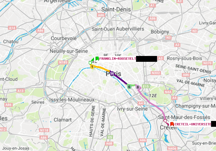 plan itinéraire ratp de Franklin-Roosevelt à Créteil-Université