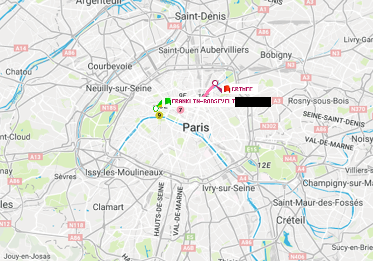 plan itinéraire ratp de Franklin-Roosevelt à Crimée