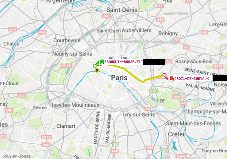 plan itinéraire ratp de Franklin-Roosevelt à Croix-de-Chavaux (Jacques Duclos)