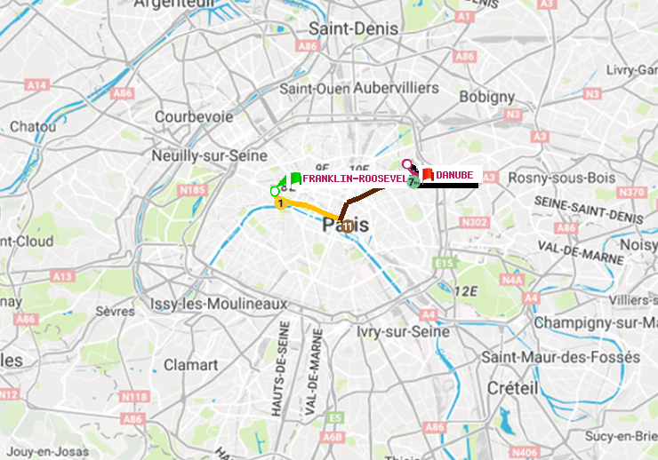 plan itinéraire ratp de Franklin-Roosevelt à Danube