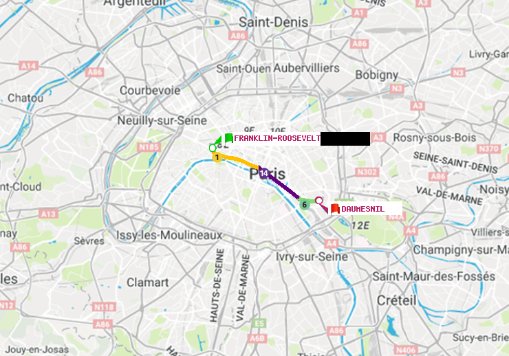 plan itinéraire ratp de Franklin-Roosevelt à Daumesnil (Félix Eboué)