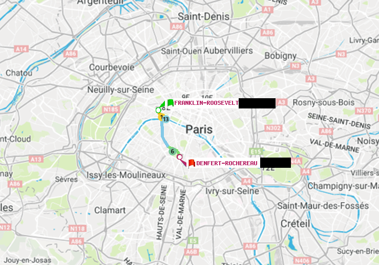 plan itinéraire ratp de Franklin-Roosevelt à Denfert-Rochereau