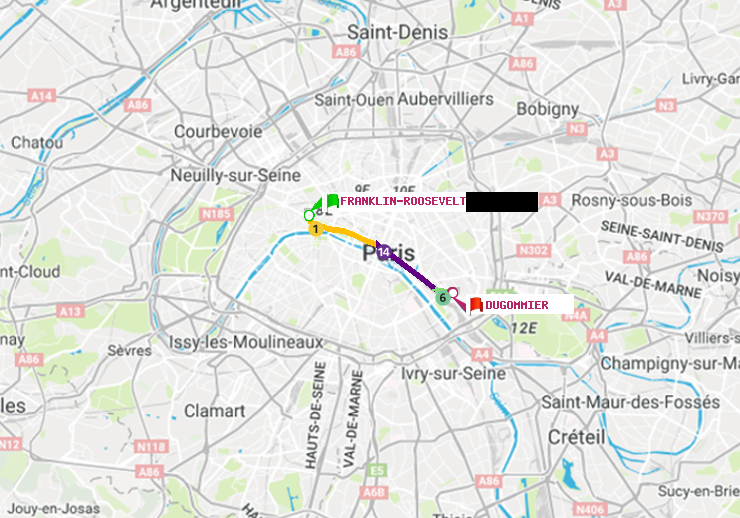 plan itinéraire ratp de Franklin-Roosevelt à Dugommier