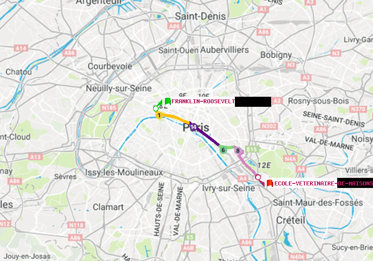 plan itinéraire ratp de Franklin-Roosevelt à Ecole Vétérinaire de Maisons-Alfort