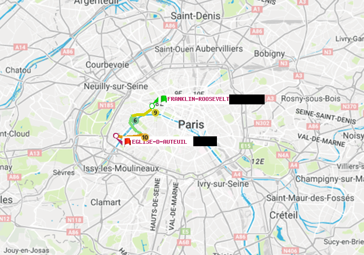 plan itinéraire ratp de Franklin-Roosevelt à Eglise d