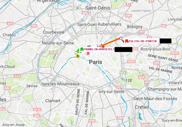 plan itinéraire ratp de Franklin-Roosevelt à Eglise de Pantin