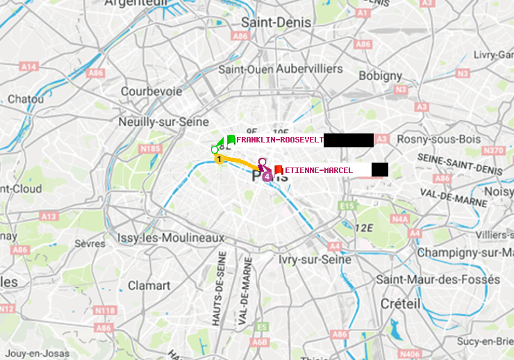 plan itinéraire ratp de Franklin-Roosevelt à Etienne Marcel