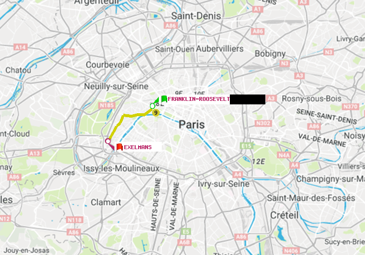 plan itinéraire ratp de Franklin-Roosevelt à Exelmans