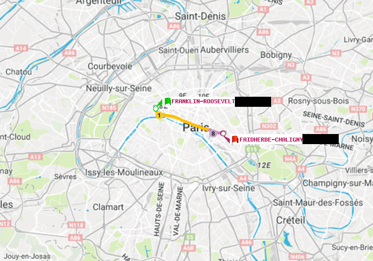plan itinéraire ratp de Franklin-Roosevelt à Faidherbe-Chaligny