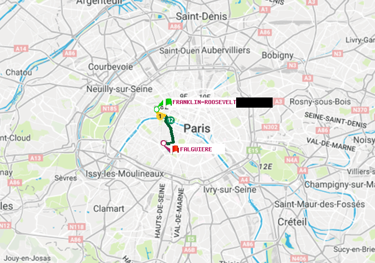 plan itinéraire ratp de Franklin-Roosevelt à Falguière