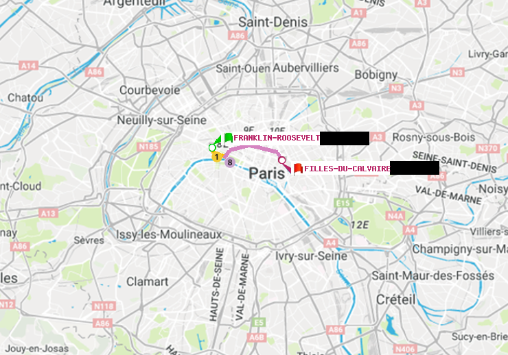 plan itinéraire ratp de Franklin-Roosevelt à Filles du Calvaire
