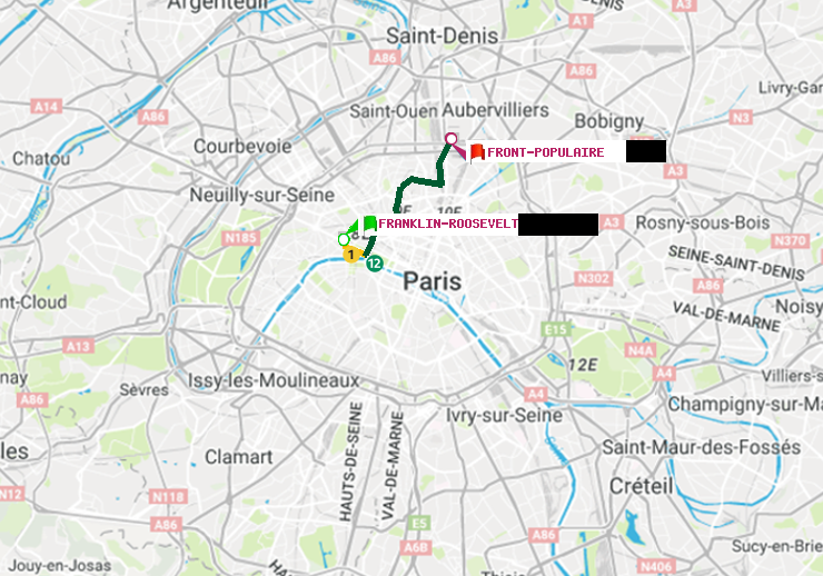 plan itinéraire ratp de Franklin-Roosevelt à Front Populaire