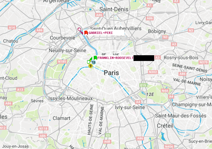 plan itinéraire ratp de Franklin-Roosevelt à Gabriel-Péri