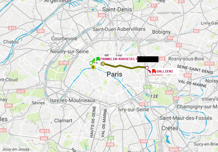 plan itinéraire ratp de Franklin-Roosevelt à Gallieni (Parc de Bagnolet)