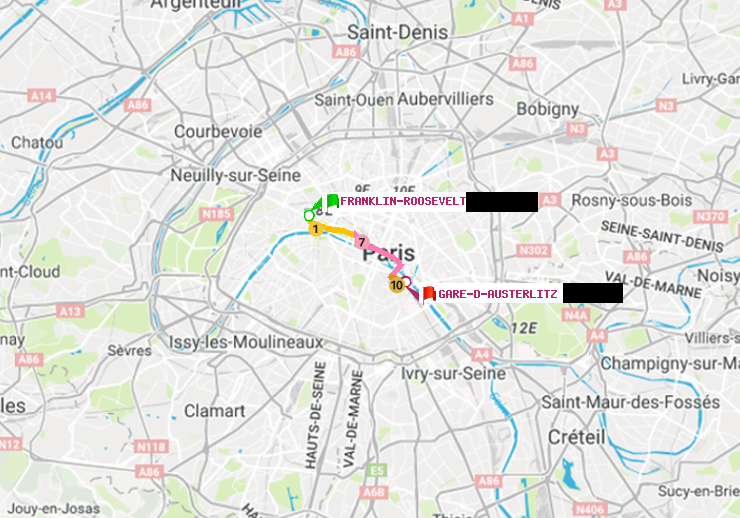 plan itinéraire ratp de Franklin-Roosevelt à Gare d
