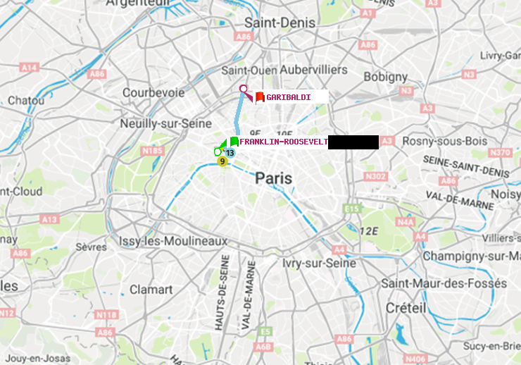 plan itinéraire ratp de Franklin-Roosevelt à Garibaldi