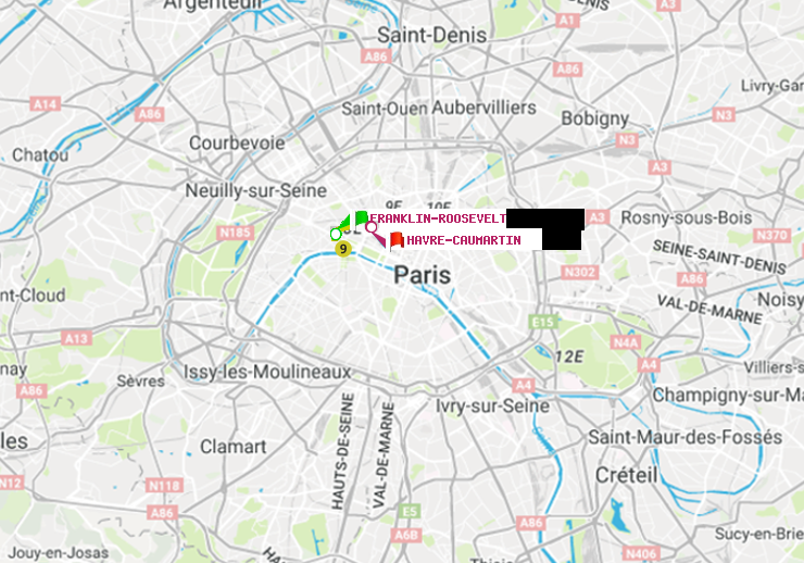 plan itinéraire ratp de Franklin-Roosevelt à Havre-Caumartin