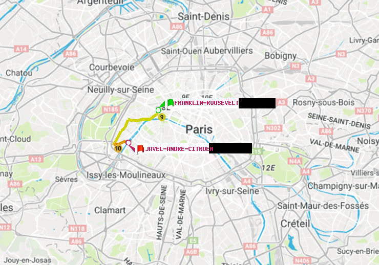 plan itinéraire ratp de Franklin-Roosevelt à Javel-André-Citroen