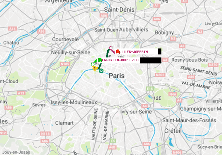 plan itinéraire ratp de Franklin-Roosevelt à Jules Joffrin