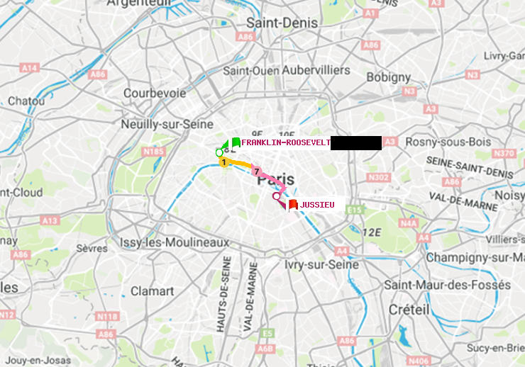 plan itinéraire ratp de Franklin-Roosevelt à Jussieu