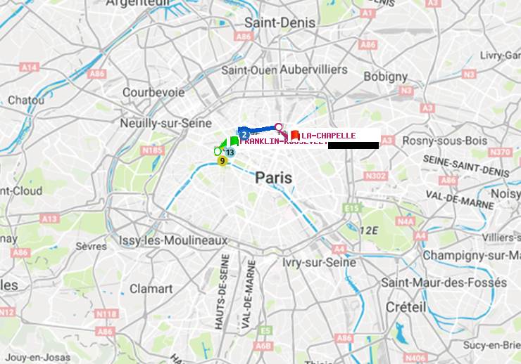 plan itinéraire ratp de Franklin-Roosevelt à La Chapelle