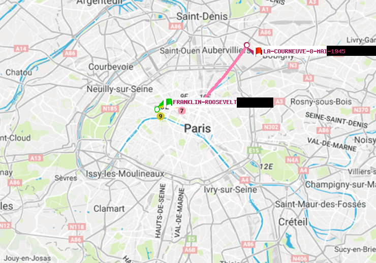 plan itinéraire ratp de Franklin-Roosevelt à La Courneuve-8-Mai-1945