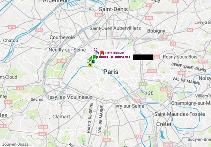 plan itinéraire ratp de Franklin-Roosevelt à La Fourche
