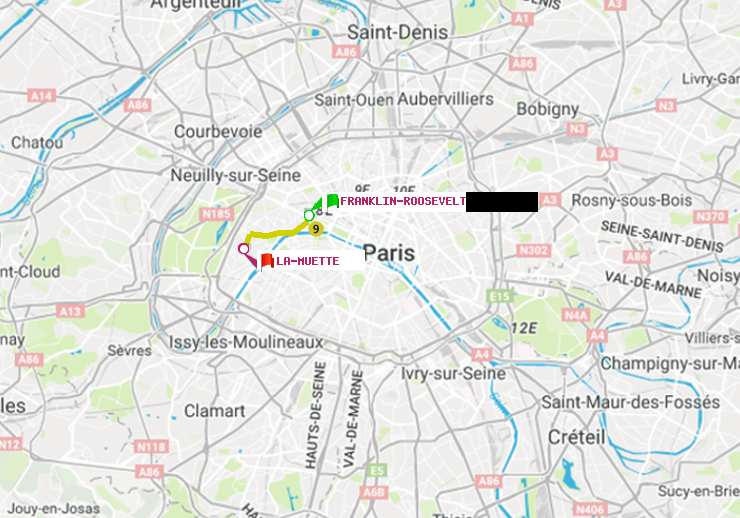 plan itinéraire ratp de Franklin-Roosevelt à La Muette