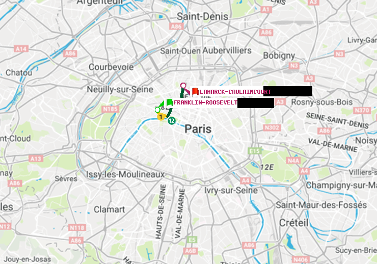 plan itinéraire ratp de Franklin-Roosevelt à Lamarck-Caulaincourt