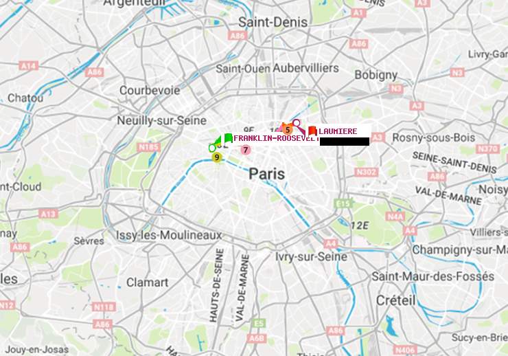 plan itinéraire ratp de Franklin-Roosevelt à Laumière