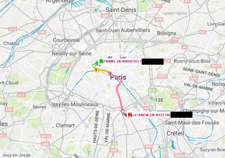 plan itinéraire ratp de Franklin-Roosevelt à Le Kremlin-Bicêtre