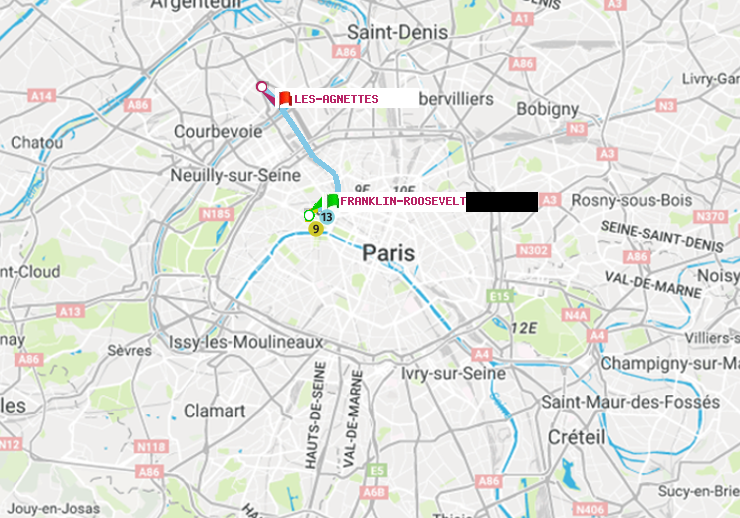 plan itinéraire ratp de Franklin-Roosevelt à Les Agnettes
