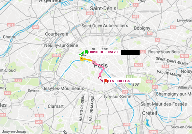 plan itinéraire ratp de Franklin-Roosevelt à Les Gobelins