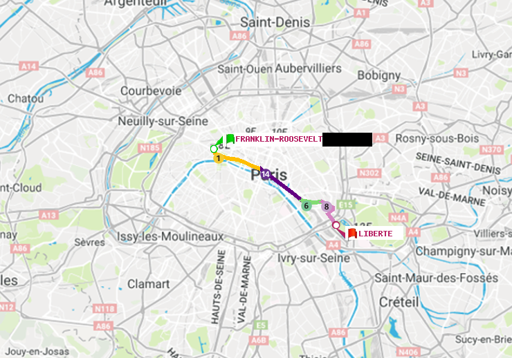 plan itinéraire ratp de Franklin-Roosevelt à Liberté