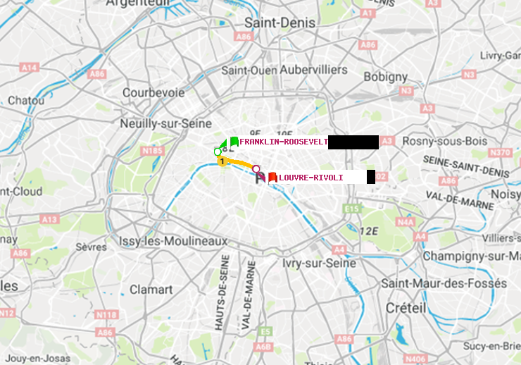 plan itinéraire ratp de Franklin-Roosevelt à Louvre-Rivoli