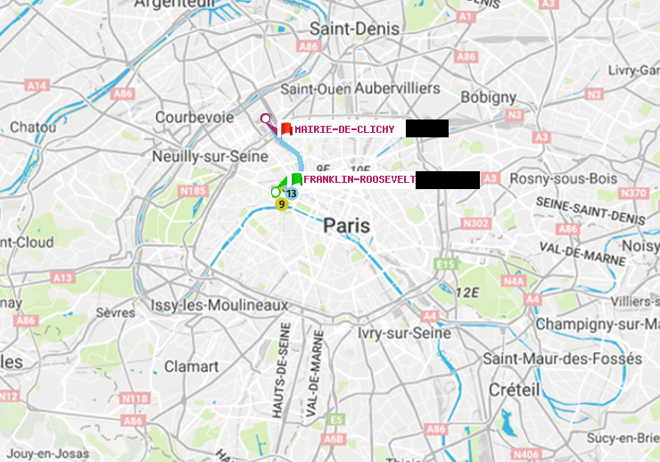 plan itinéraire ratp de Franklin-Roosevelt à Mairie de Clichy