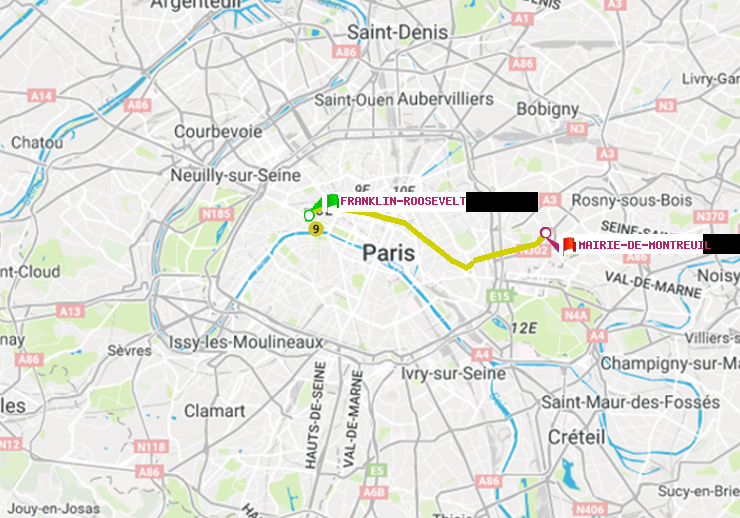 plan itinéraire ratp de Franklin-Roosevelt à Mairie de Montreuil