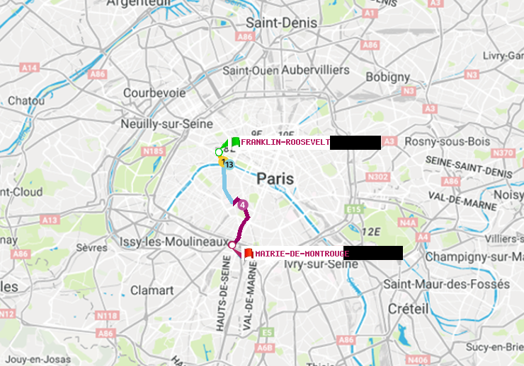 plan itinéraire ratp de Franklin-Roosevelt à Mairie de Montrouge