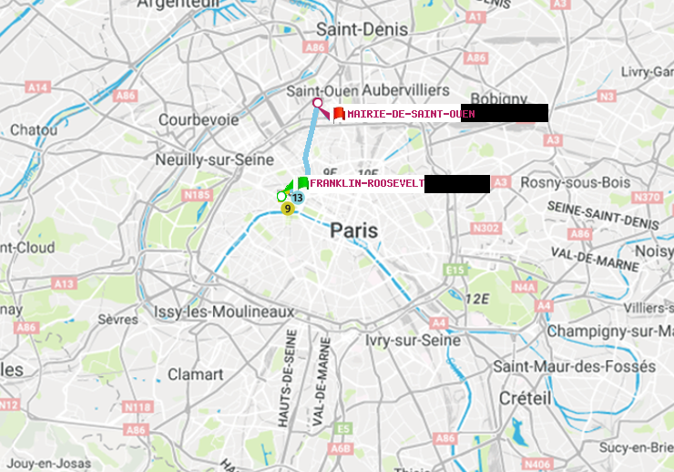 plan itinéraire ratp de Franklin-Roosevelt à Mairie de Saint-Ouen