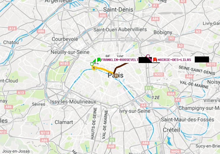 plan itinéraire ratp de Franklin-Roosevelt à Mairie des Lilas