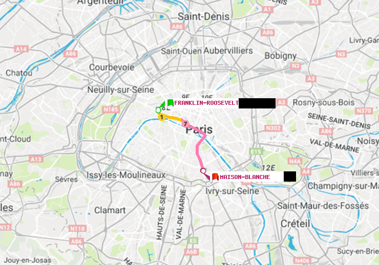 plan itinéraire ratp de Franklin-Roosevelt à Maison Blanche