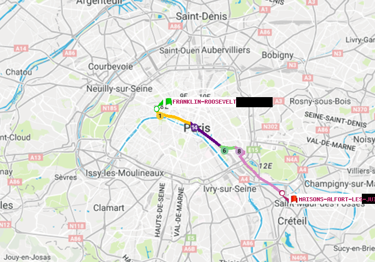 plan itinéraire ratp de Franklin-Roosevelt à Maisons-Alfort-Les Juilliottes
