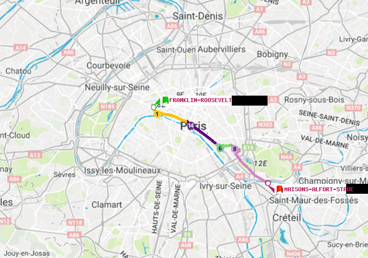 plan itinéraire ratp de Franklin-Roosevelt à Maisons-Alfort-Stade