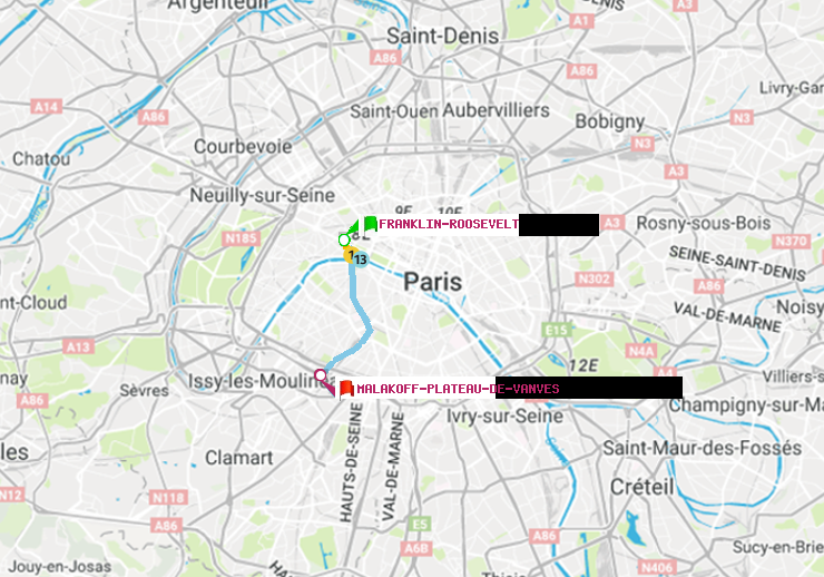 plan itinéraire ratp de Franklin-Roosevelt à Malakoff-Plateau de Vanves